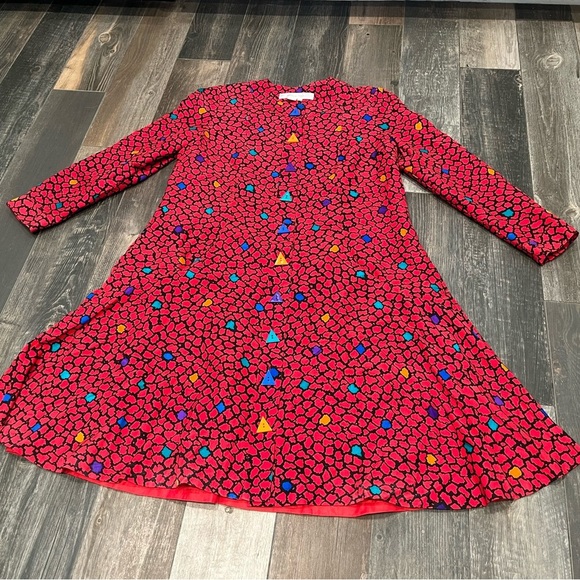 Vintage Anne Crimmins for UMI Collections Triangles Buttons Red Silk Dress Sz 14 - Picture 6 of 12